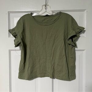 Zara Olive green cotton Short Ruffle Sleeve Crewneck crop Top